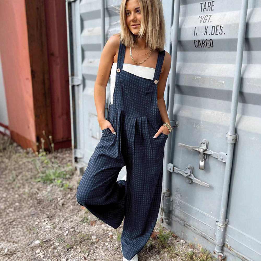 Casual Checkered Wide-Leg Overalls