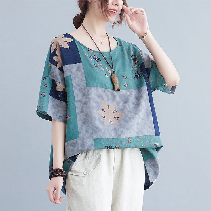 Women’s Vintage Floral Patchwork Cotton-Linen Top