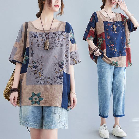 Women’s Vintage Floral Patchwork Cotton-Linen Top