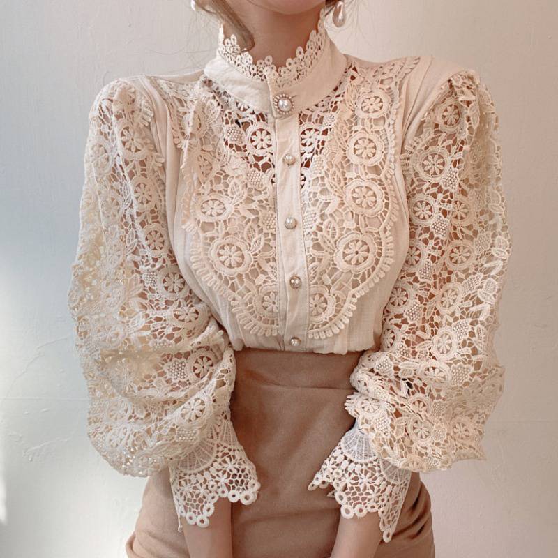 Elegant Lace High-Neck Blouse with Pearl Buttons