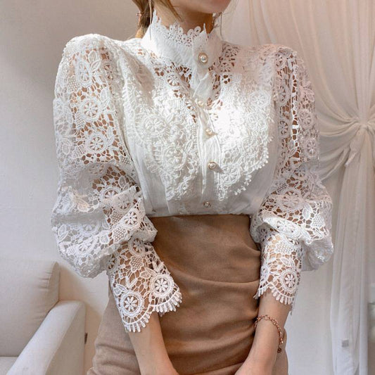 Elegant Lace High-Neck Blouse with Pearl Buttons
