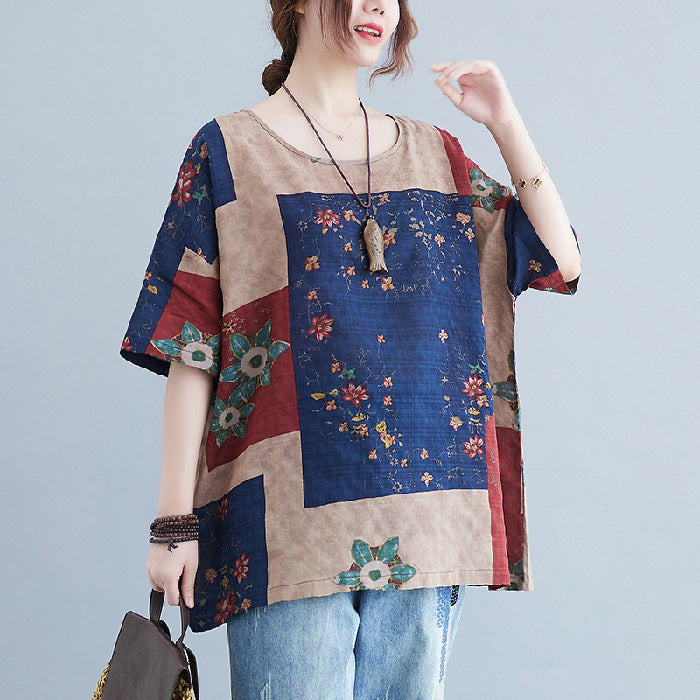 Women’s Vintage Floral Patchwork Cotton-Linen Top