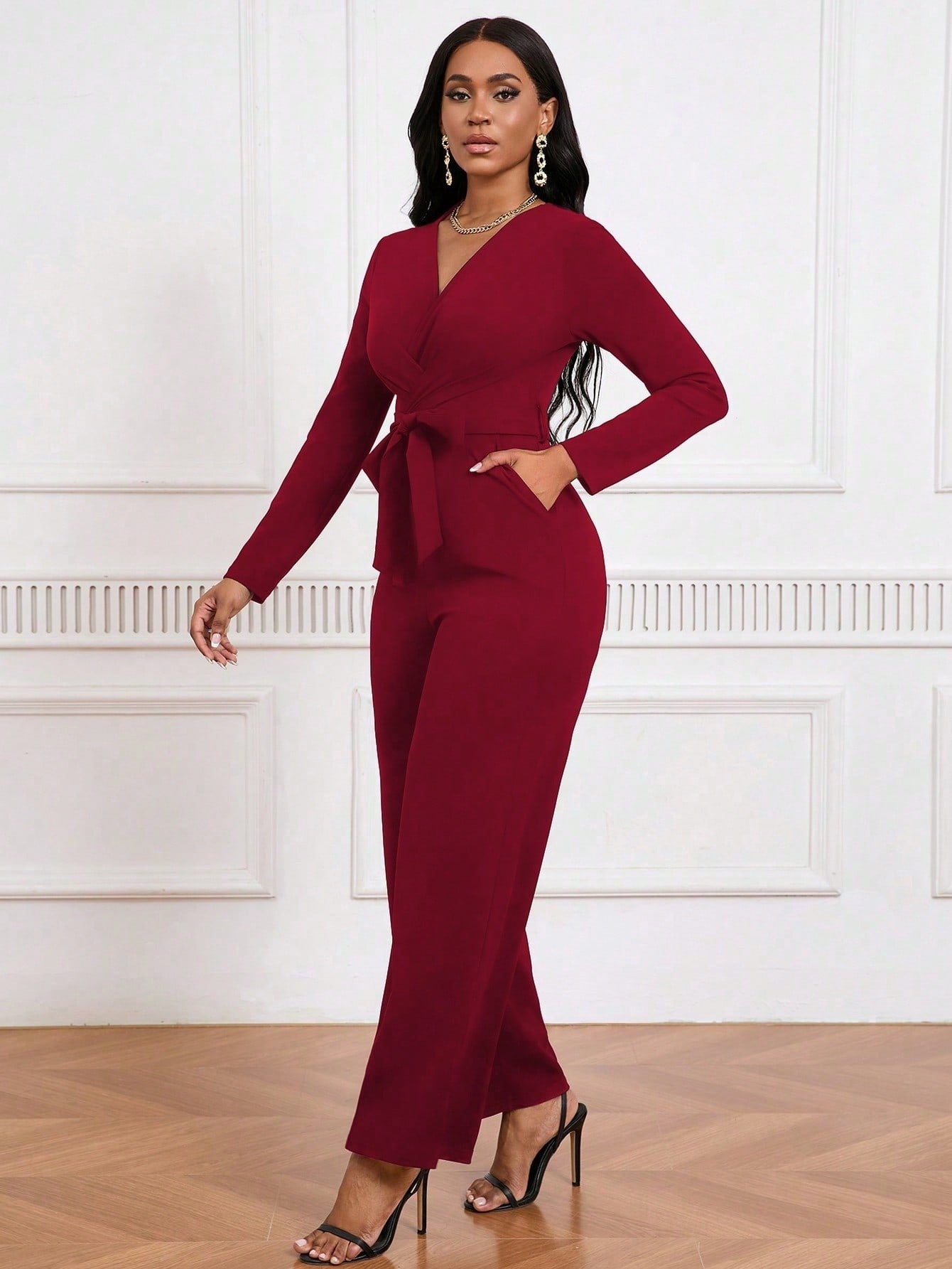 Elegant Wine Red Tie-Waist Jumpsuit