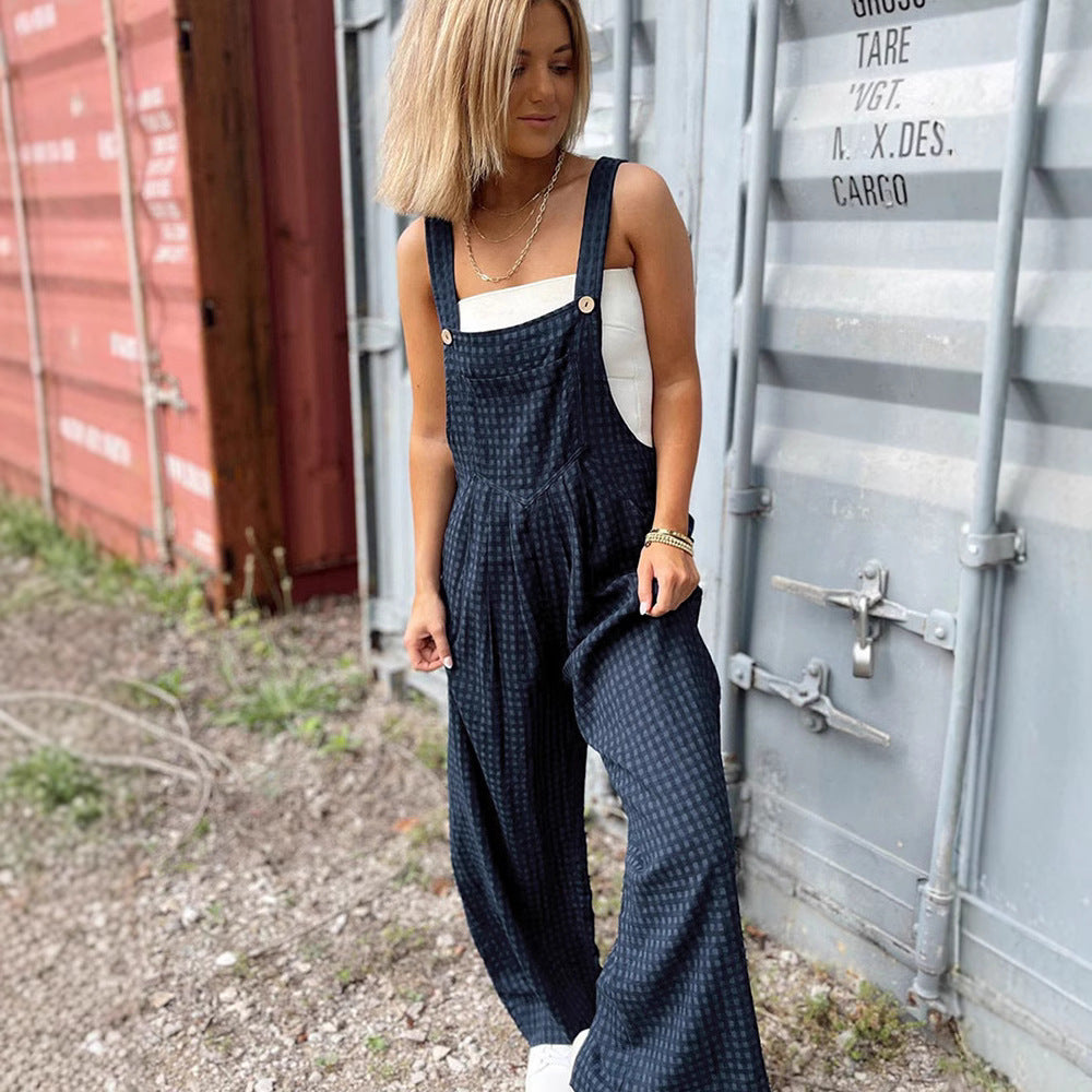 Casual Checkered Wide-Leg Overalls