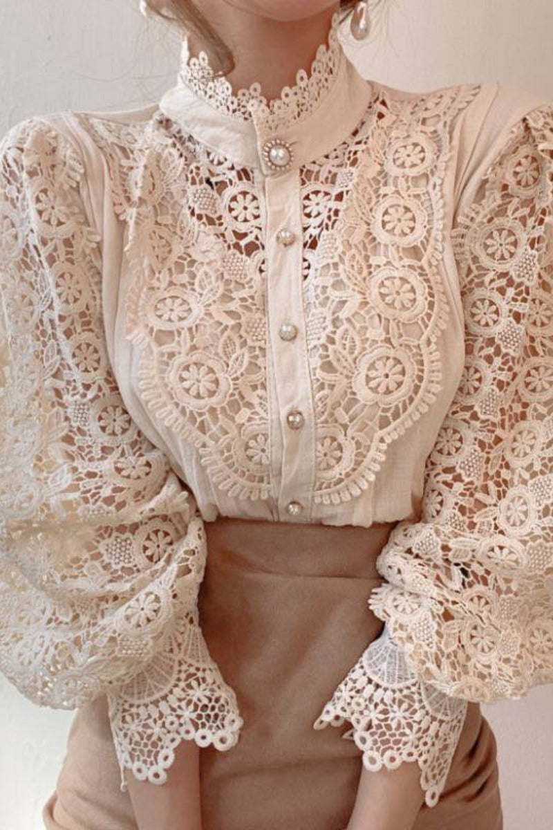 Elegant Lace High-Neck Blouse with Pearl Buttons