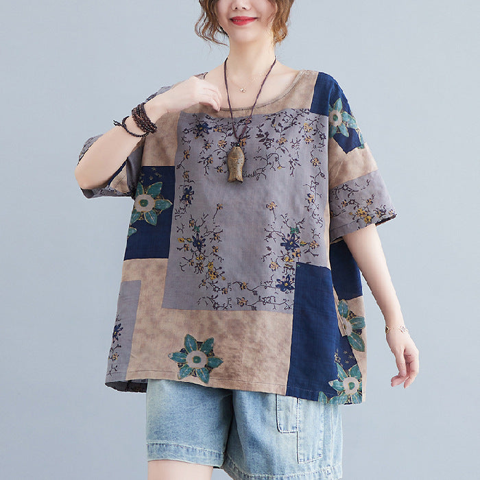 Women’s Vintage Floral Patchwork Cotton-Linen Top