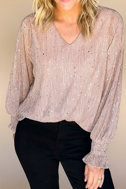 Sequin V-Neck Flounce Sleeve Blouse