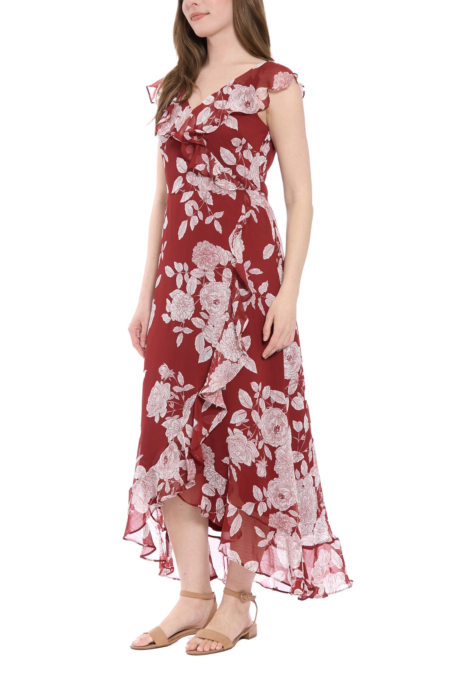 London Times V-Neck Ruffled Floral Print Zipper Back Chiffon Maxi Dress