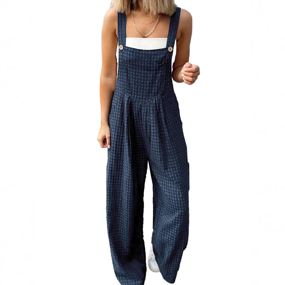 Casual Checkered Wide-Leg Overalls