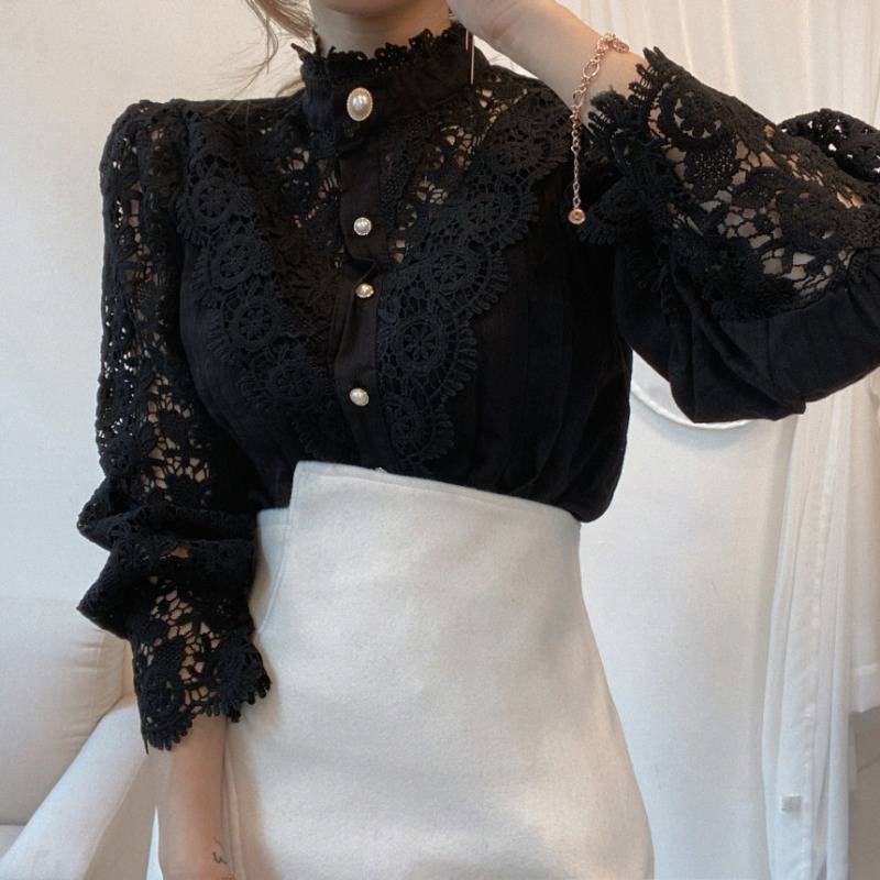 Elegant Lace High-Neck Blouse with Pearl Buttons