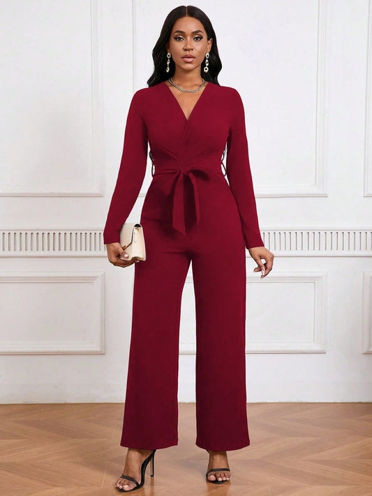 Elegant Wine Red Tie-Waist Jumpsuit