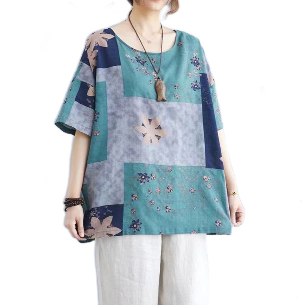 Women’s Vintage Floral Patchwork Cotton-Linen Top
