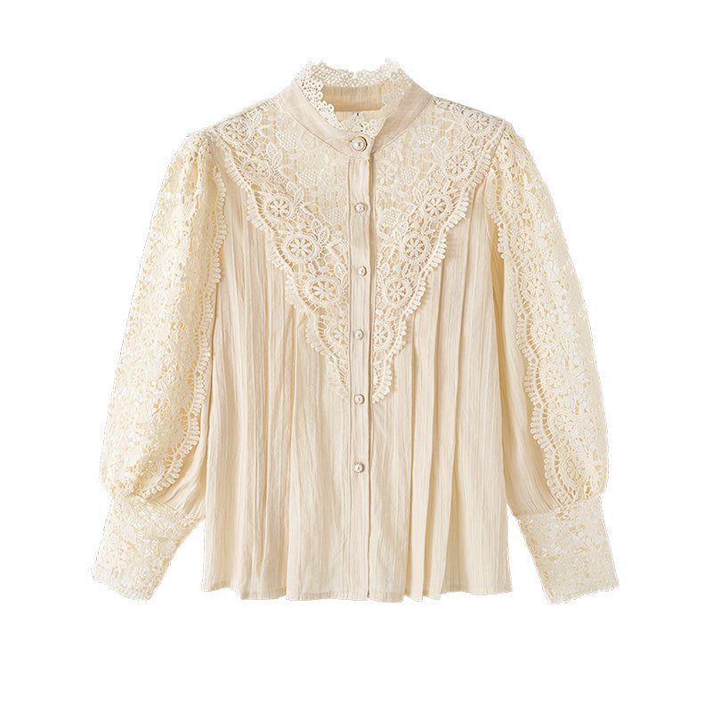 Elegant Lace High-Neck Blouse with Pearl Buttons