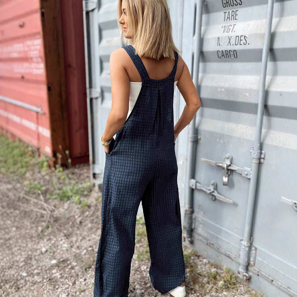 Casual Checkered Wide-Leg Overalls