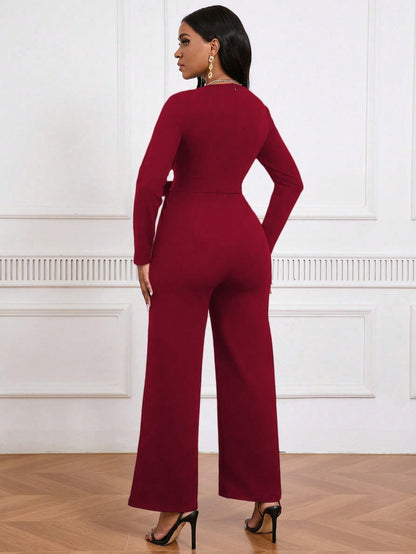 Elegant Wine Red Tie-Waist Jumpsuit