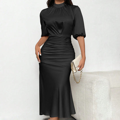 Women's Short Sleeve Mock Neck Ruched Midi Dress