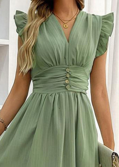 Elegant Ruffle-Sleeve High-Waist Midi Dress