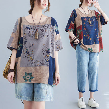 Women’s Vintage Floral Patchwork Cotton-Linen Top