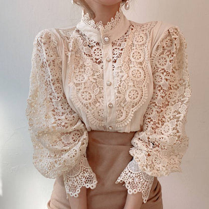 Elegant Lace High-Neck Blouse with Pearl Buttons