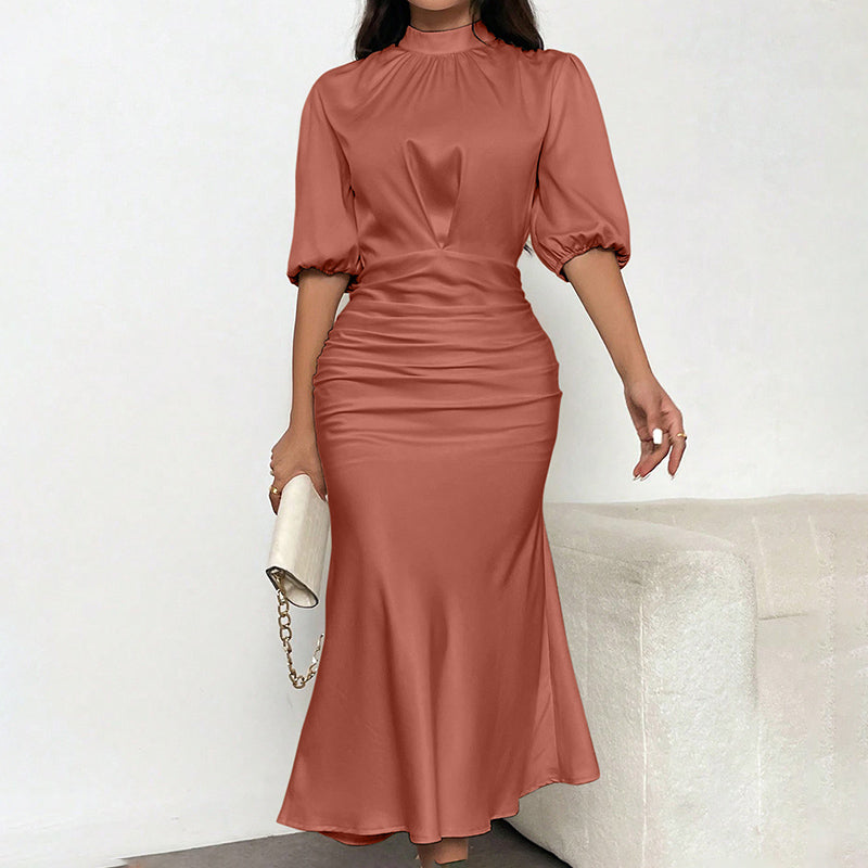 Women's Short Sleeve Mock Neck Ruched Midi Dress