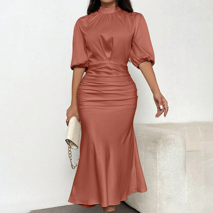 Women's Short Sleeve Mock Neck Ruched Midi Dress