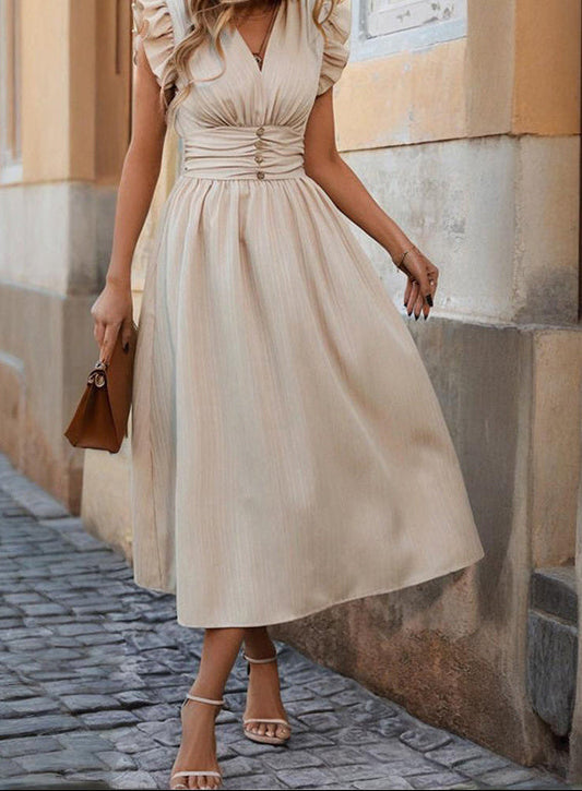 Elegant Ruffle-Sleeve High-Waist Midi Dress