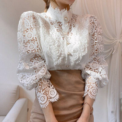 Elegant Lace High-Neck Blouse with Pearl Buttons