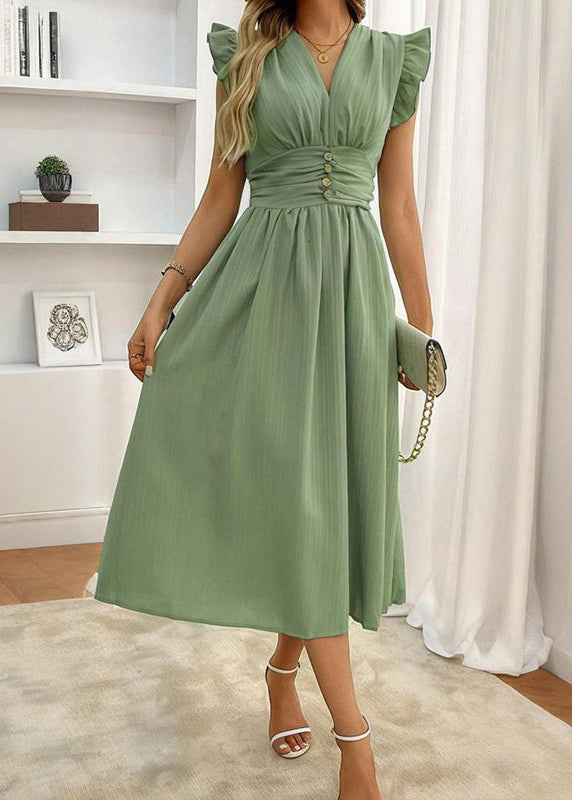 Elegant Ruffle-Sleeve High-Waist Midi Dress