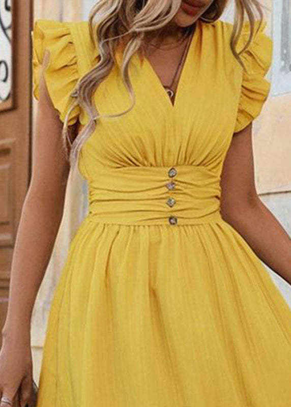 Elegant Ruffle-Sleeve High-Waist Midi Dress