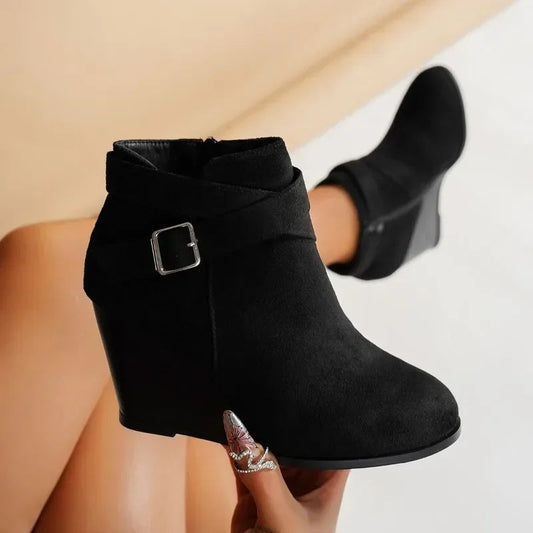 Sleek Buckle Wedge Ankle Boots