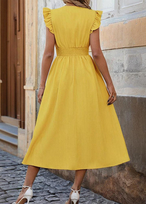 Elegant Ruffle-Sleeve High-Waist Midi Dress
