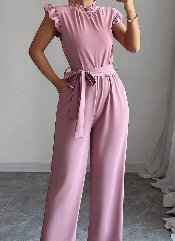 Pink Elegant Ruffle Sleeve High-Waist Jumpsuit