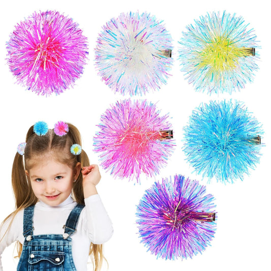 6 Pieces Colorful Hair Clips with Fuzzy Pom Pom