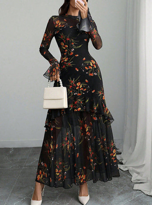 Midnight Bloom Sheer Floral Maxi Dress