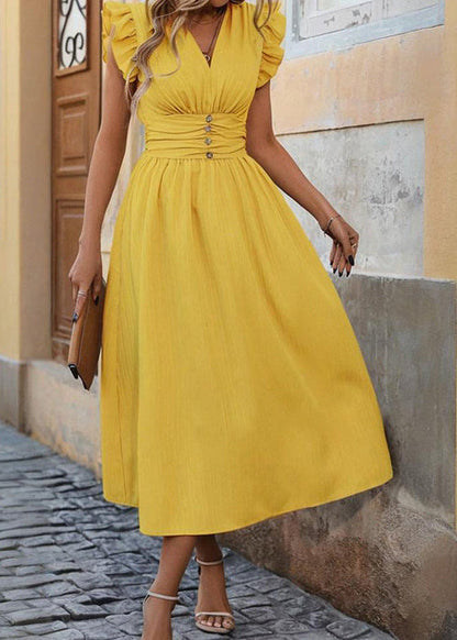Elegant Ruffle-Sleeve High-Waist Midi Dress