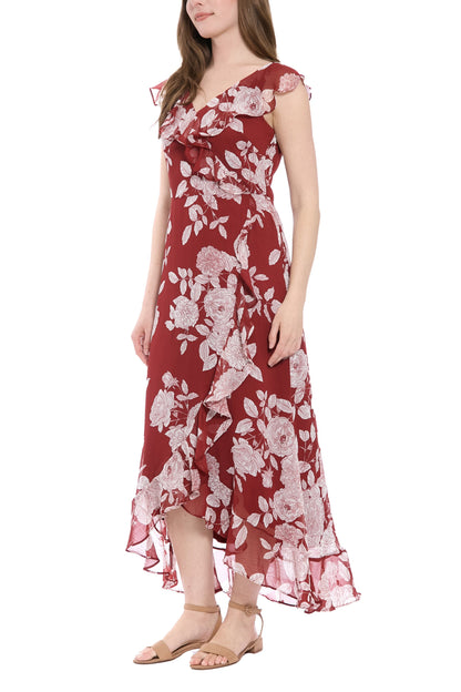 London Times V-Neck Ruffled Floral Print Zipper Back Chiffon Maxi Dress