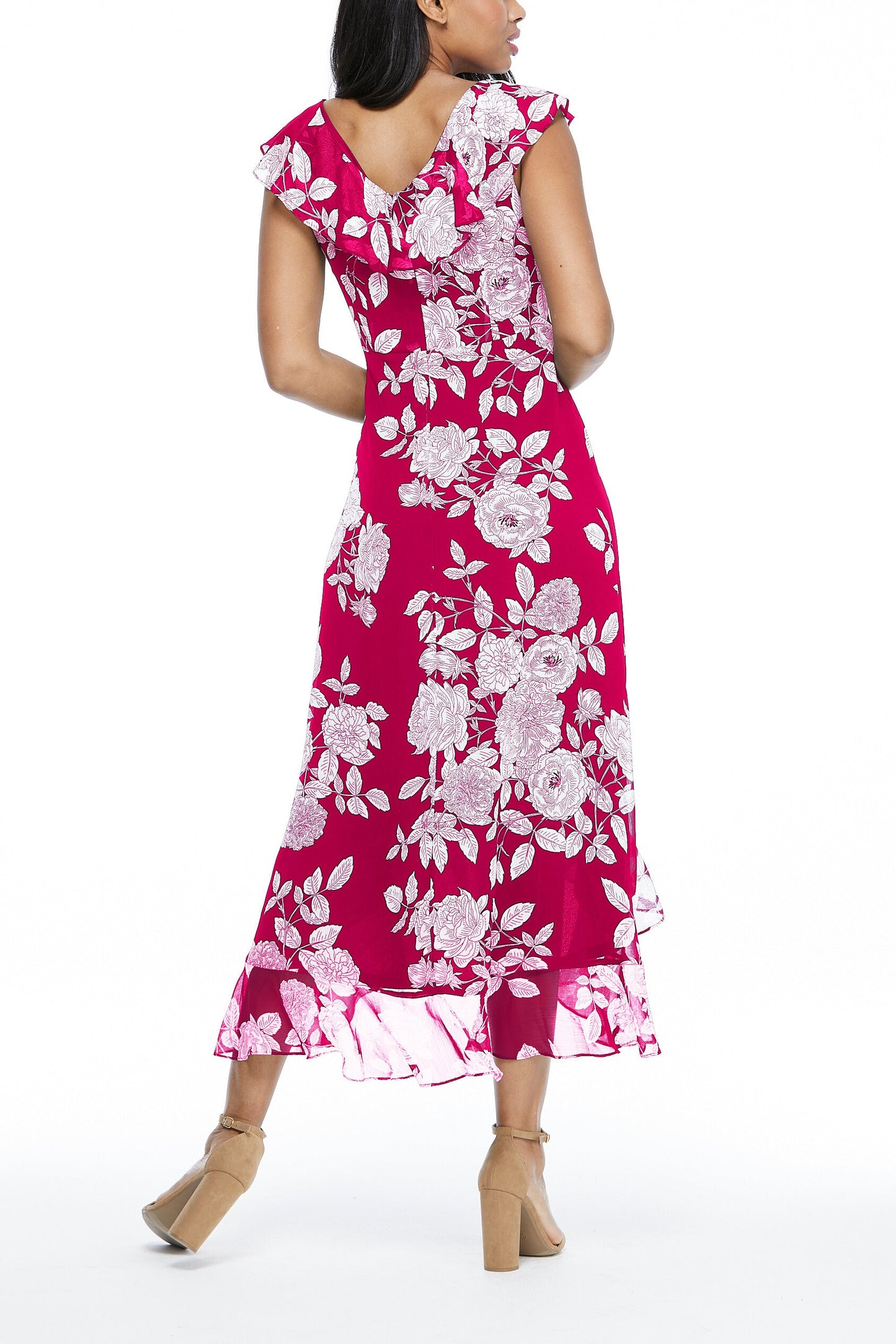 London Times V-Neck Ruffled Floral Print Zipper Back Chiffon Maxi Dress