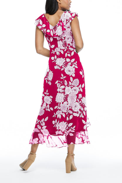 London Times V-Neck Ruffled Floral Print Zipper Back Chiffon Maxi Dress