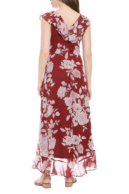 London Times V-Neck Ruffled Floral Print Zipper Back Chiffon Maxi Dress