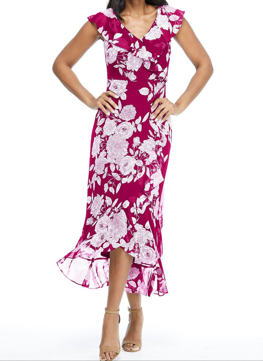London Times V-Neck Ruffled Floral Print Zipper Back Chiffon Maxi Dress