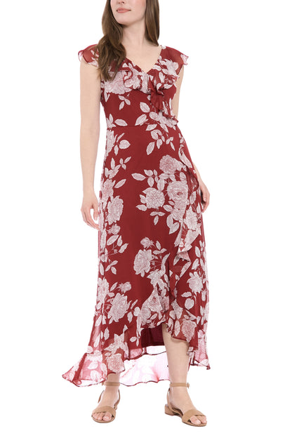 London Times V-Neck Ruffled Floral Print Zipper Back Chiffon Maxi Dress