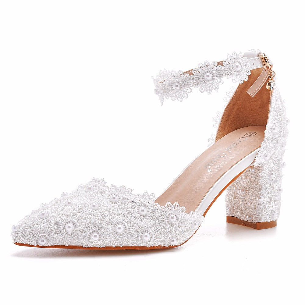 Lace Pearl Pointed-Toe Heels