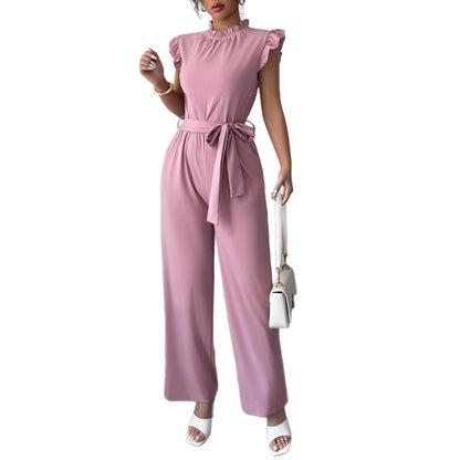 Pink Elegant Ruffle Sleeve High-Waist Jumpsuit