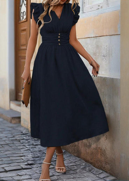 Elegant Ruffle-Sleeve High-Waist Midi Dress