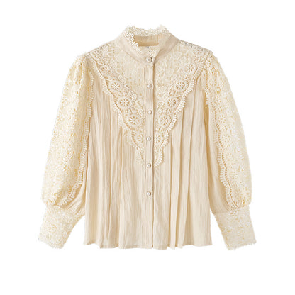 Elegant Lace High-Neck Blouse with Pearl Buttons
